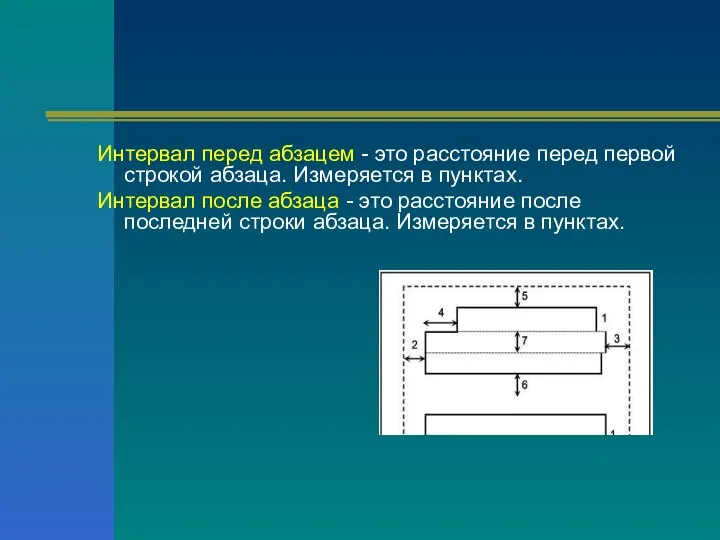 Интервал перед абзацем - это расстояние перед первой строкой абзаца. Измеряется в