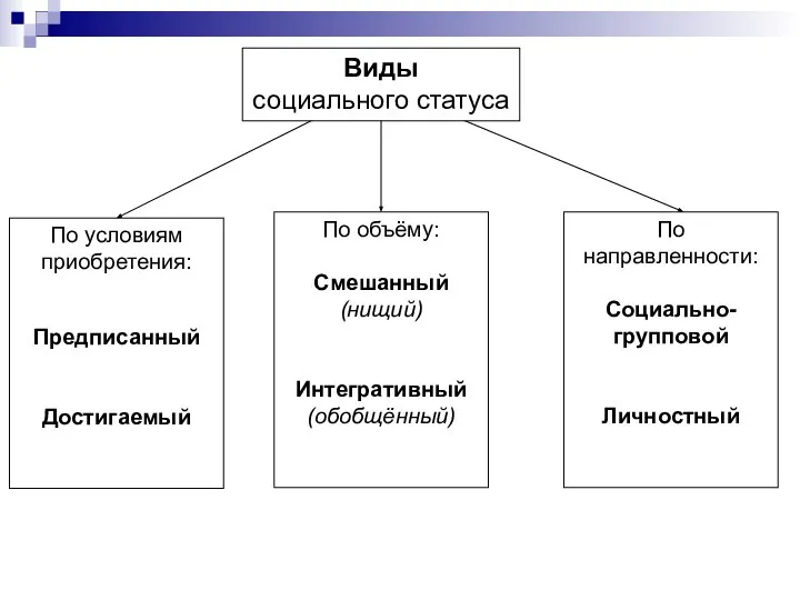 По условиям приобретения: Предписанный Достигаемый По объёму: Смешанный (нищий) Интегративный (обобщённый) По