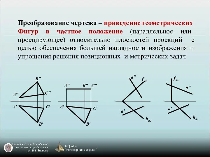 Преобразование чертежа – приведение геометрических Фигур в частное положение (параллельное или проецирующее)