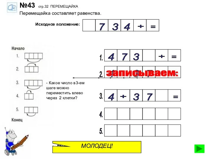 №43 стр.32 ПЕРЕМЕЩАЙКА Перемещайка составляет равенства. Исходное положение: 3 + 7 =