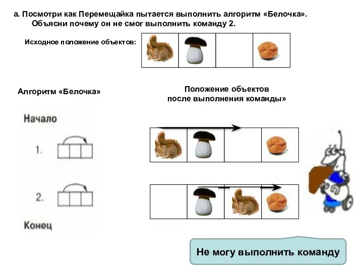 а. Посмотри как Перемещайка пытается выполнить алгоритм «Белочка». Объясни почему он не