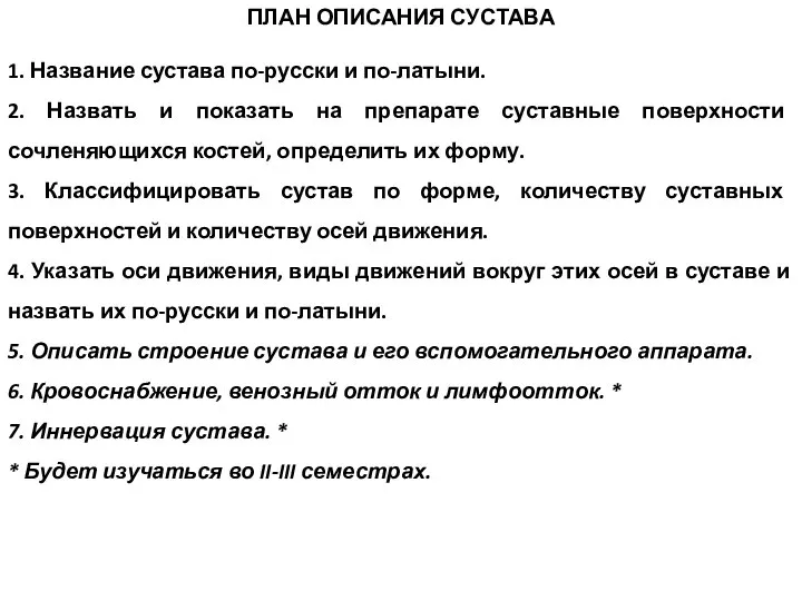 ПЛАН ОПИСАНИЯ СУСТАВА 1. Название сустава по-русски и по-латыни. 2. Назвать и