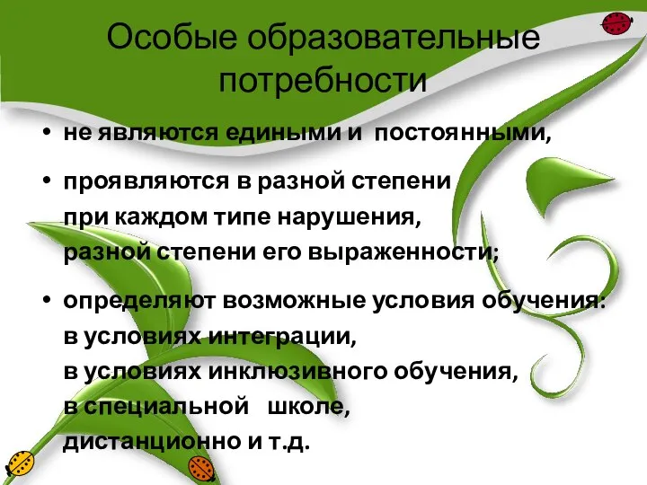 Особые образовательные потребности не являются едиными и постоянными, проявляются в разной степени