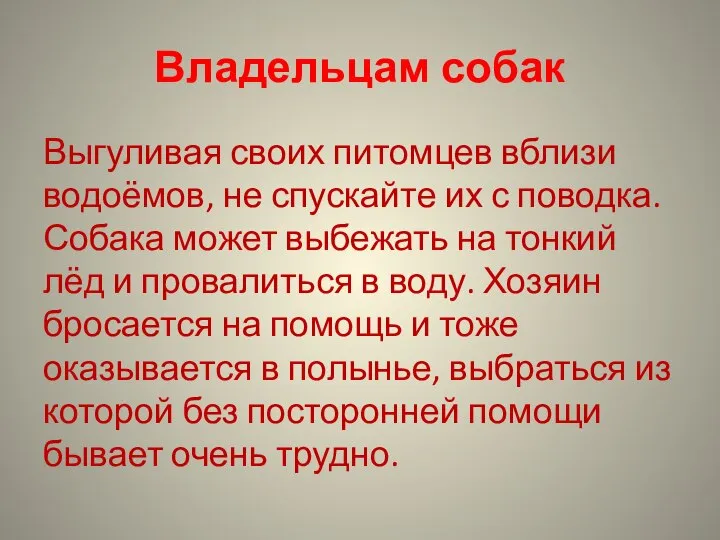 Владельцам собак Выгуливая своих питомцев вблизи водоёмов, не спускайте их с поводка.