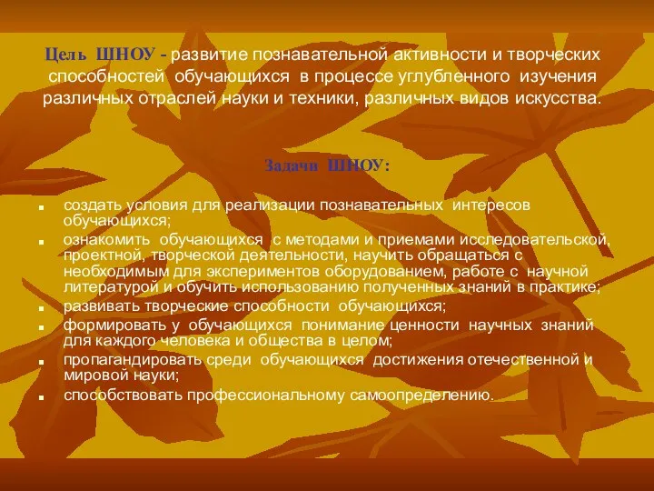 Цель ШНОУ - развитие познавательной активности и творческих способностей обучающихся в процессе