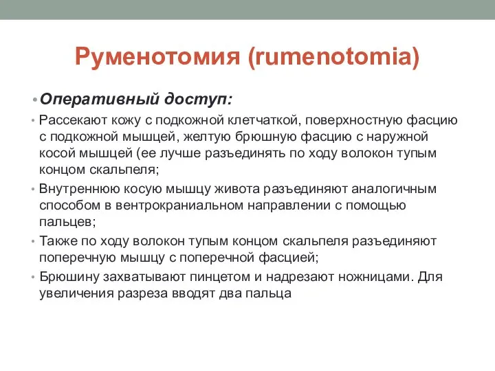 Руменотомия (rumenotomia) Оперативный доступ: Рассекают кожу с подкожной клетчаткой, поверхностную фасцию с