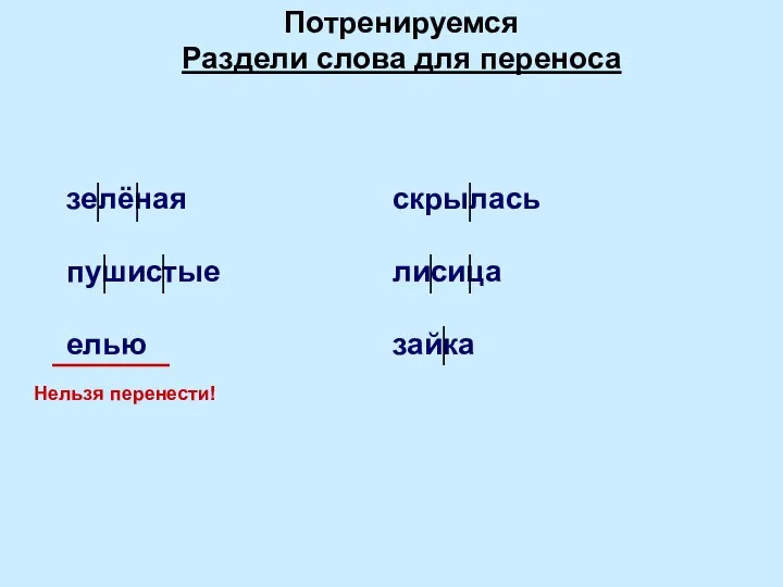 Потренируемся Раздели слова для переноса зелёная пушистые елью скрылась лисица зайка Нельзя перенести!