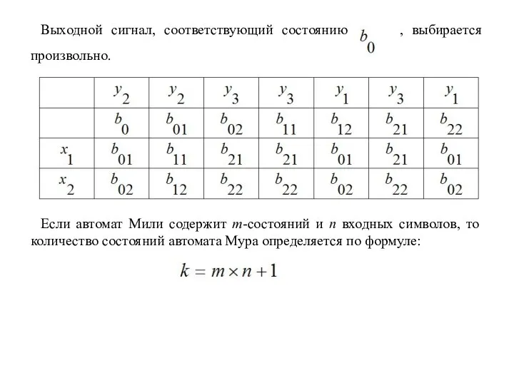 Выходной сигнал, соответствующий состоянию , выбирается произвольно. Если автомат Мили содержит m-состояний