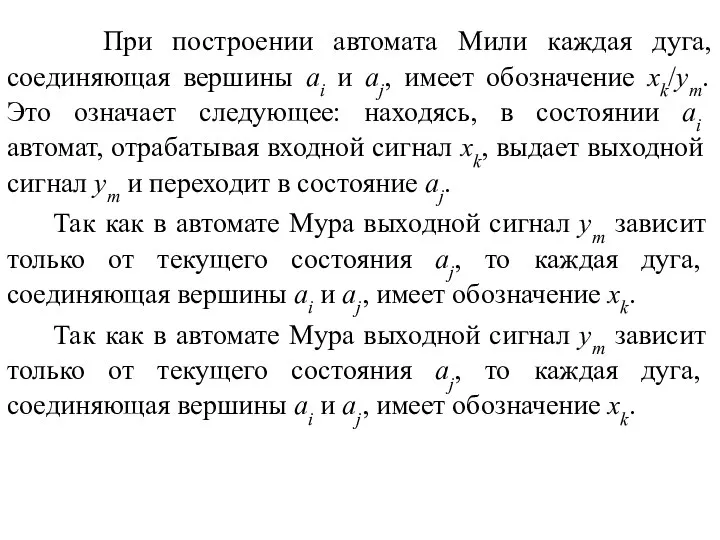 При построении автомата Мили каждая дуга, соединяющая вершины ai и aj, имеет