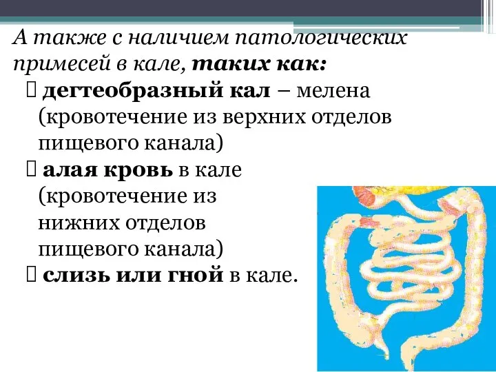 А также с наличием патологических примесей в кале, таких как: дегтеобразный кал