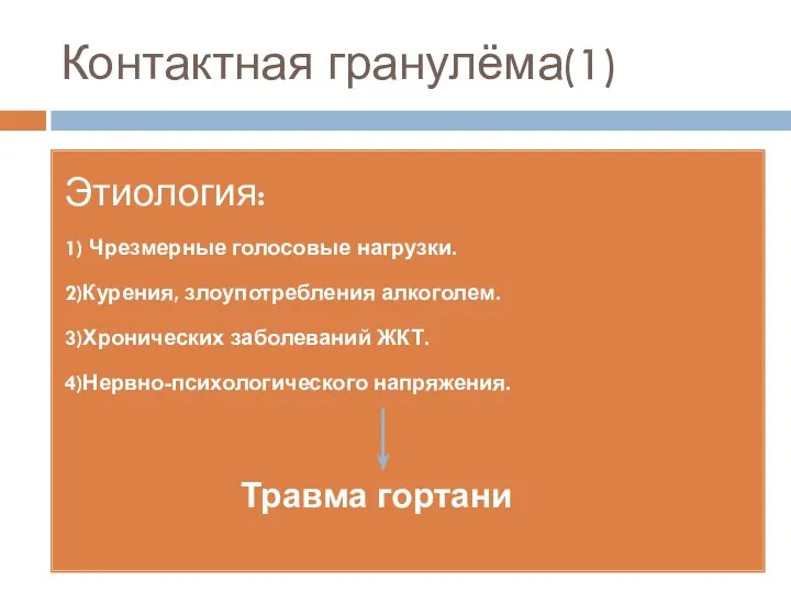 Этиология: 1) Чрезмерные голосовые нагрузки. 2)Курения, злоупотребления алкоголем. 3)Хронических заболеваний ЖКТ. 4)Нервно-психологического