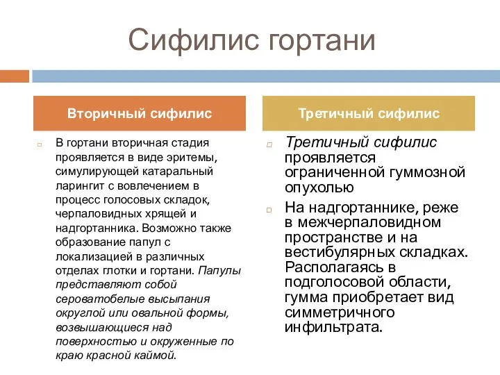 Сифилис гортани В гортани вторичная стадия проявляется в виде эритемы, симулирующей катаральный