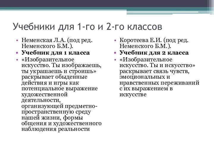 Учебники для 1-го и 2-го классов Неменская Л.А. (под ред. Неменского Б.М.).