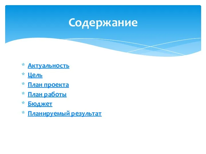 Актуальность Цель План проекта План работы Бюджет Планируемый результат Содержание