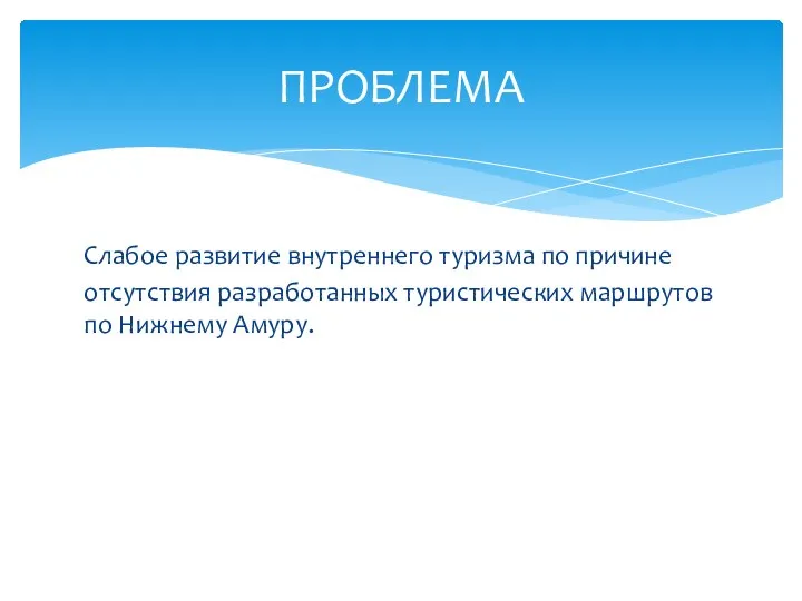 Слабое развитие внутреннего туризма по причине отсутствия разработанных туристических маршрутов по Нижнему Амуру. ПРОБЛЕМА