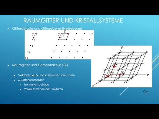 RAUMGITTER UND KRISTALLSYSTEME Gittergerade und Gitterebene (Netzebene) Raumgitter und Elementarzelle (EZ) Vektoren