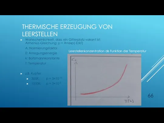 THERMISCHE ERZEUGUNG VON LEERSTELLEN Wahrscheinlichkeit, dass ein Gitterplatz vakant ist: Arrhenius-Gleichung: p