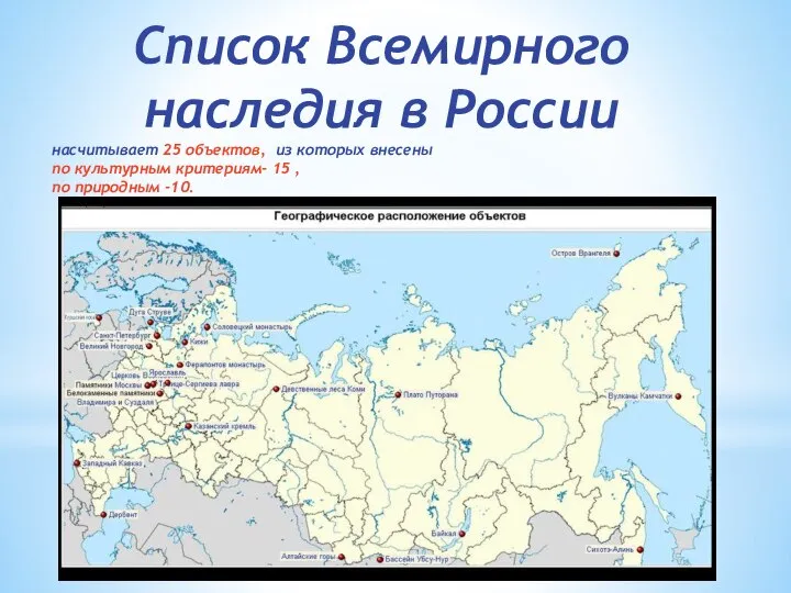 Список Всемирного наследия в России насчитывает 25 объектов, из которых внесены по