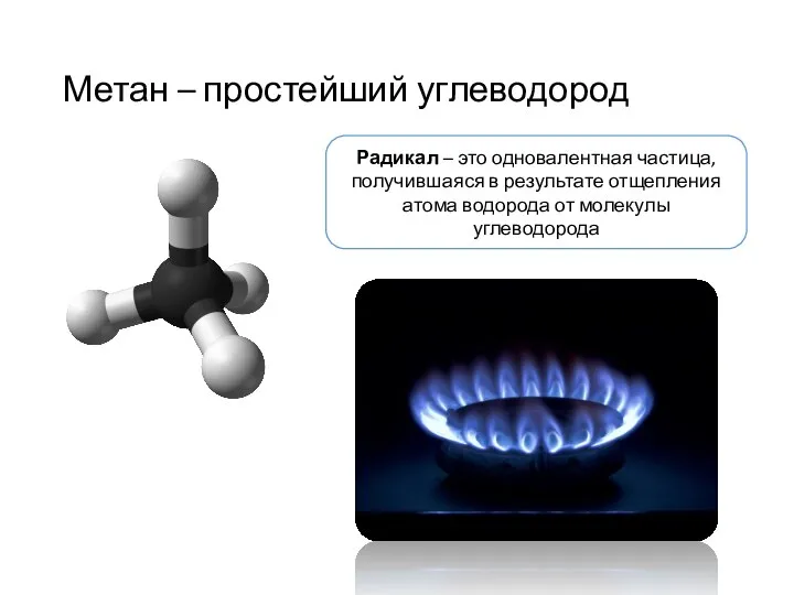 Метан – простейший углеводород Радикал – это одновалентная частица, получившаяся в результате