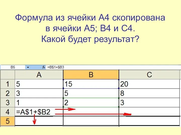Формула из ячейки А4 скопирована в ячейки A5; B4 и С4. Какой будет результат?