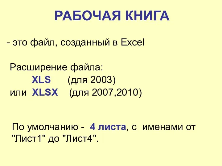 РАБОЧАЯ КНИГА это файл, созданный в Excel Расширение файла: XLS (для 2003)