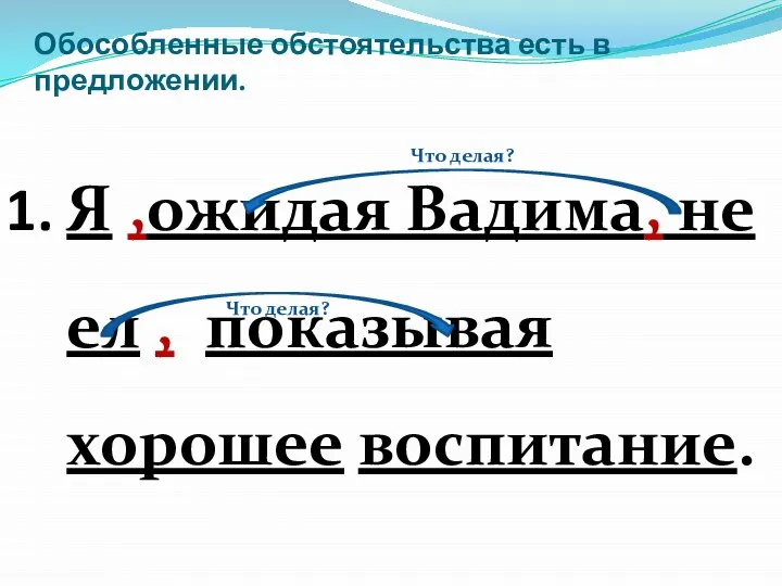 Обособленные обстоятельства есть в предложении. Я ,ожидая Вадима, не ел , показывая