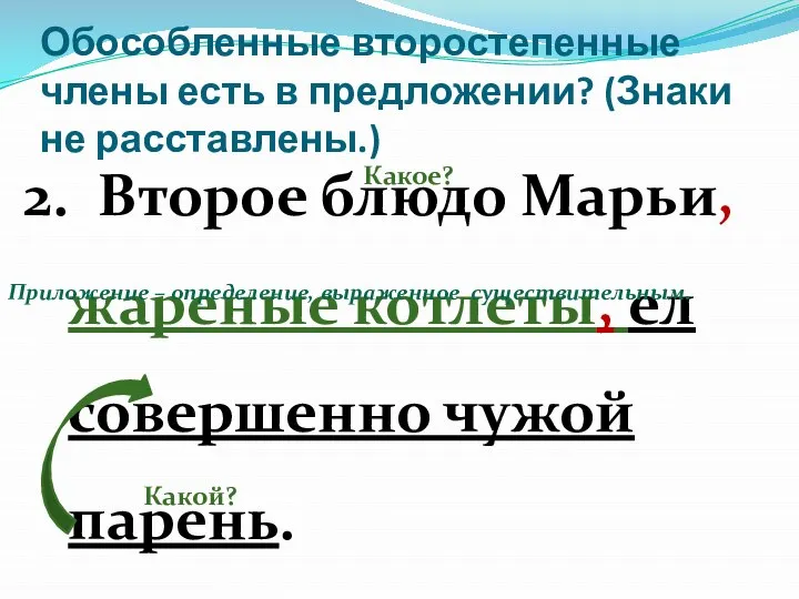 Обособленные второстепенные члены есть в предложении? (Знаки не расставлены.) 2. Второе блюдо