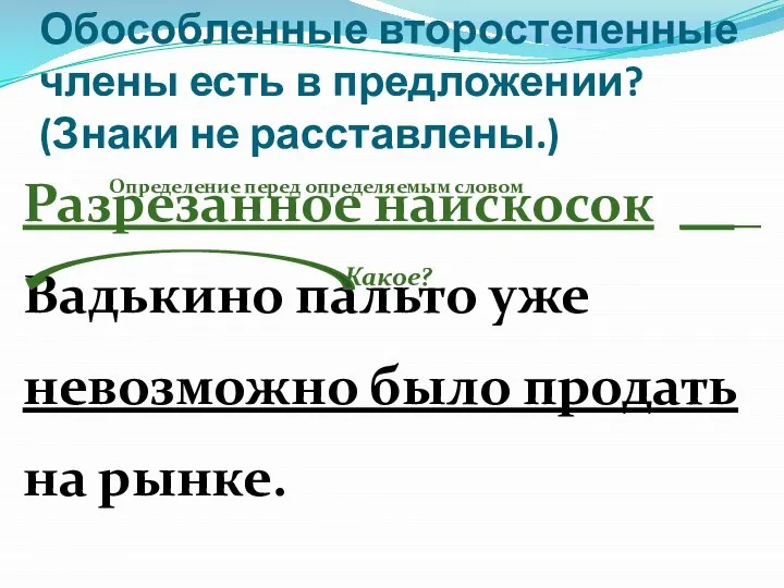 Обособленные второстепенные члены есть в предложении? (Знаки не расставлены.) Разрезанное наискосок ___