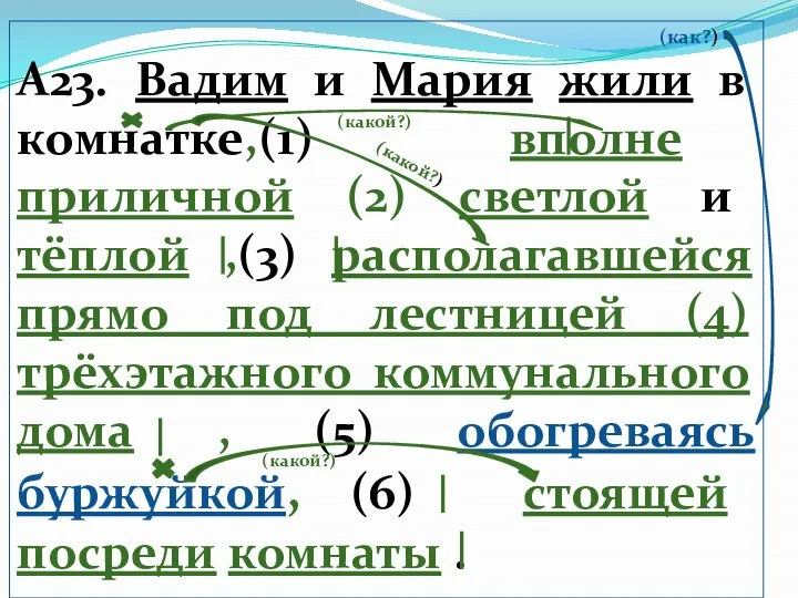 (как?) А23. Вадим и Мария жили в комнатке,(1) вполне приличной (2) светлой