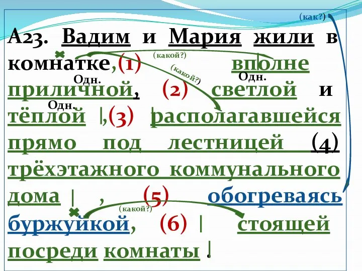 (как?) А23. Вадим и Мария жили в комнатке,(1) вполне приличной, (2) светлой