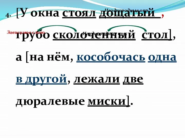 4. [У окна стоял дощатый , грубо сколоченный стол], а [на нём,