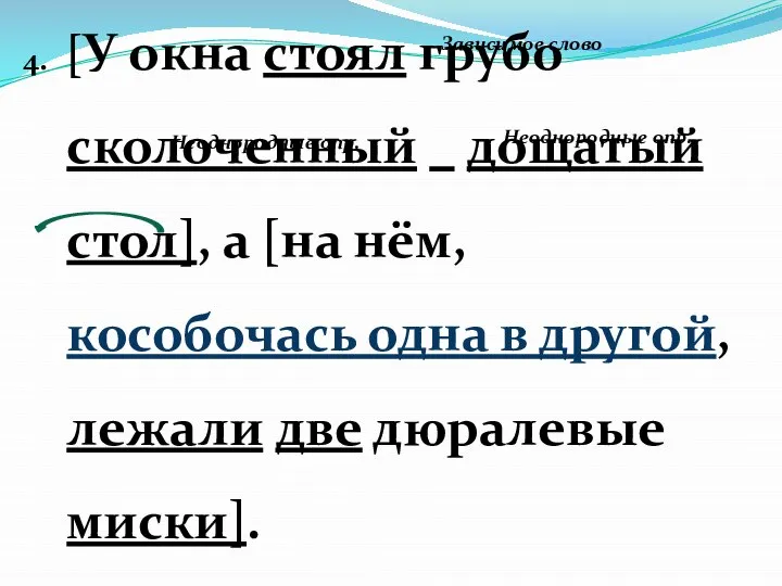 4. [У окна стоял грубо сколоченный дощатый стол], а [на нём, кособочась