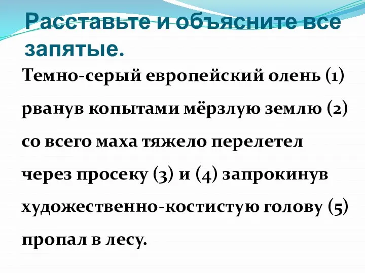 Расставьте и объясните все запятые. Темно-серый европейский олень (1) рванув копытами мёрзлую