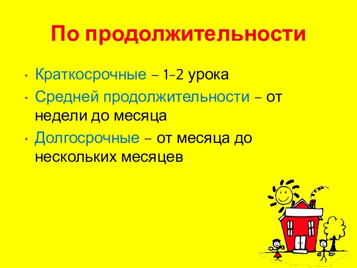 По продолжительности Краткосрочные – 1-2 урока Средней продолжительности – от недели до