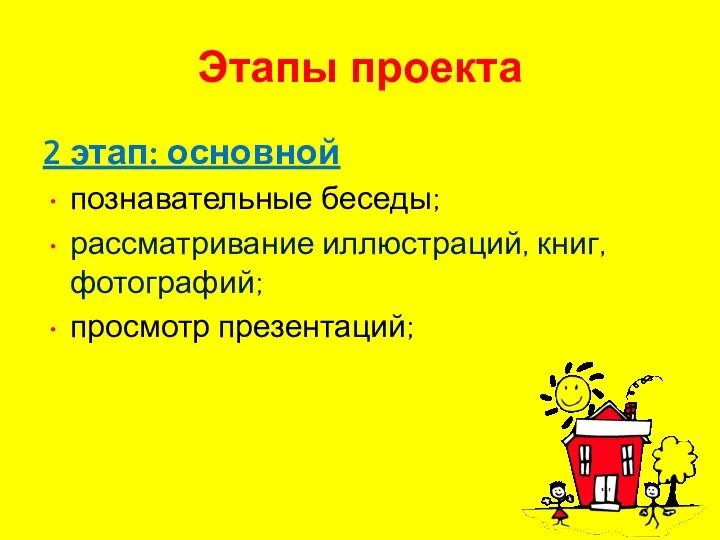 Этапы проекта 2 этап: основной познавательные беседы; рассматривание иллюстраций, книг, фотографий; просмотр презентаций;