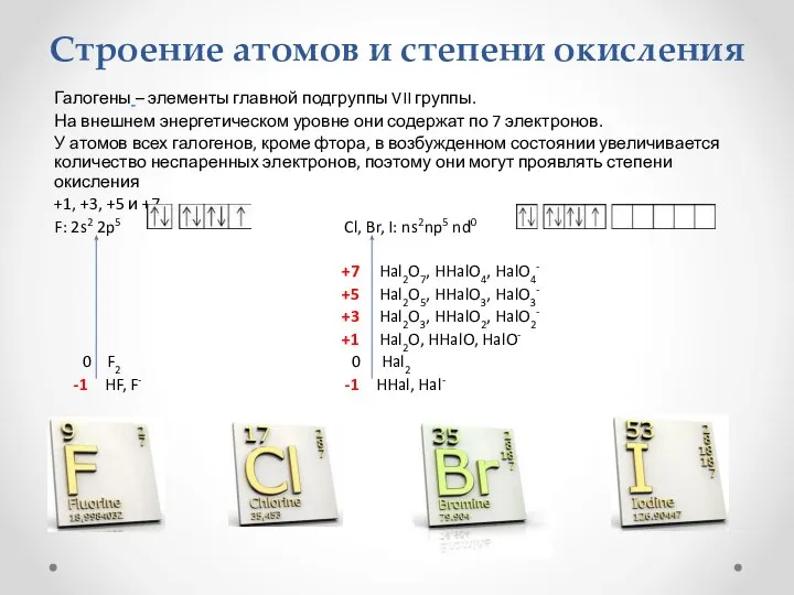 Строение атомов и степени окисления Галогены – элементы главной подгруппы VII группы.