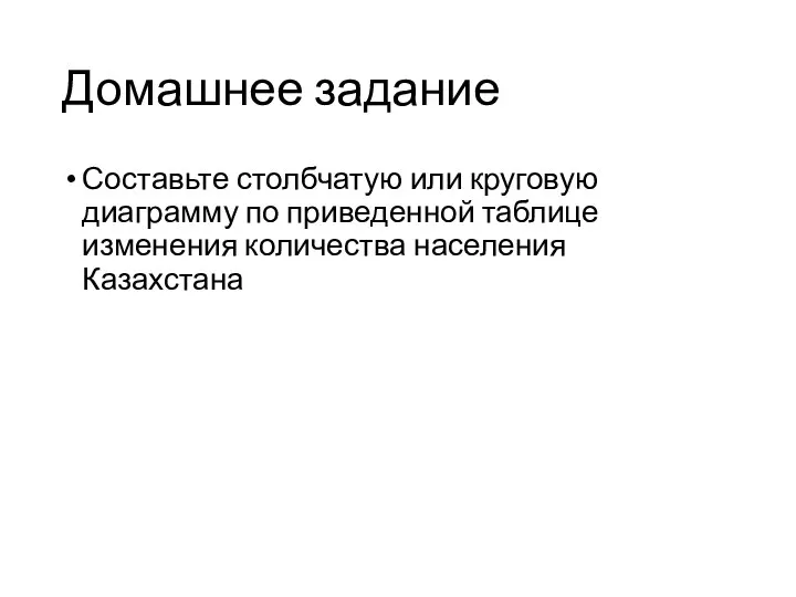 Домашнее задание Составьте столбчатую или круговую диаграмму по приведенной таблице изменения количества населения Казахстана