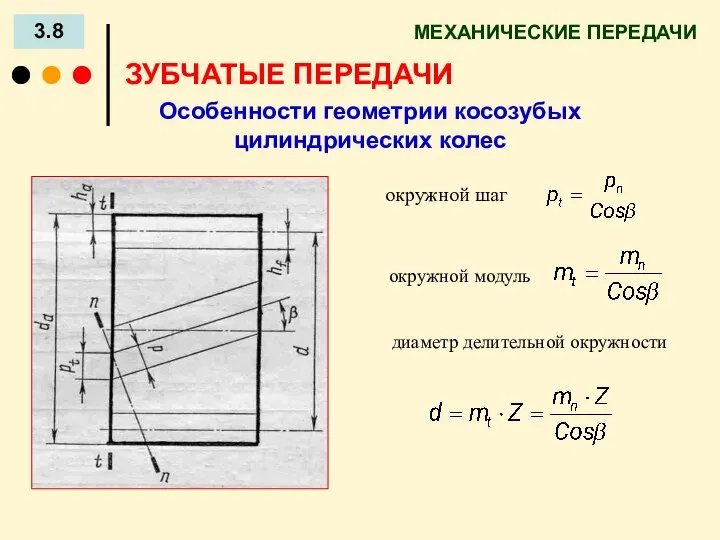МЕХАНИЧЕСКИЕ ПЕРЕДАЧИ 3.8 ЗУБЧАТЫЕ ПЕРЕДАЧИ Особенности геометрии косозубых цилиндрических колес окружной шаг