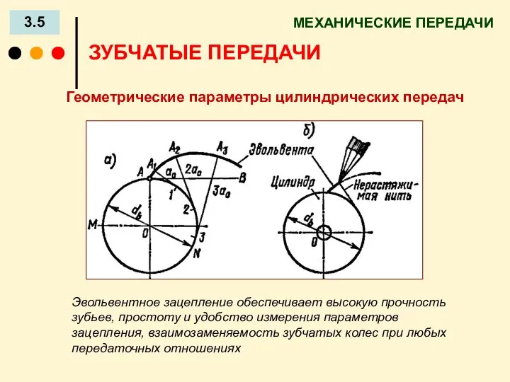 МЕХАНИЧЕСКИЕ ПЕРЕДАЧИ 3.5 ЗУБЧАТЫЕ ПЕРЕДАЧИ Геометрические параметры цилиндрических передач Эвольвентное зацепление обеспечивает