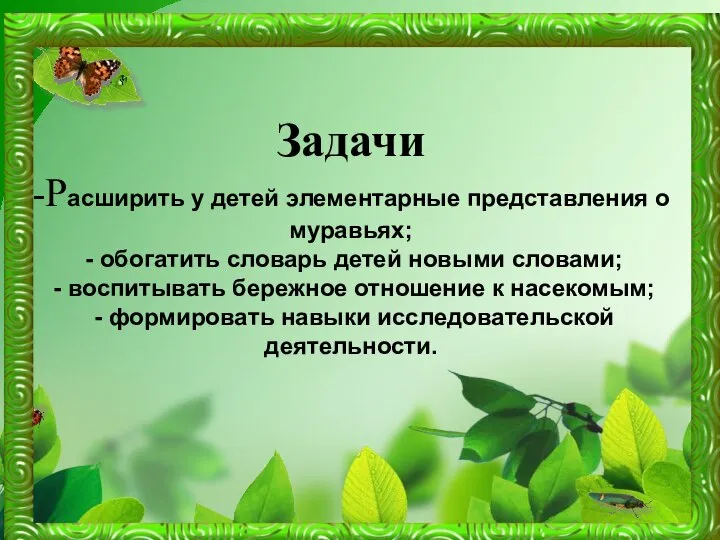 Задачи -Расширить у детей элементарные представления о муравьях; - обогатить словарь детей