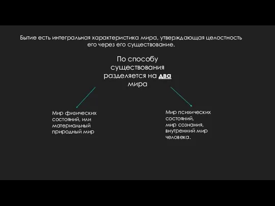 Бытие есть интегральная характеристика мира, утверждающая целостность его через его существование. По