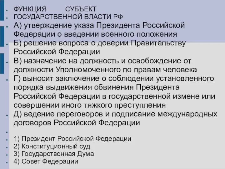 ФУНКЦИЯ СУБЪЕКТ ГОСУДАРСТВЕННОЙ ВЛАСТИ РФ А) утверждение указа Президента Российской Федерации о