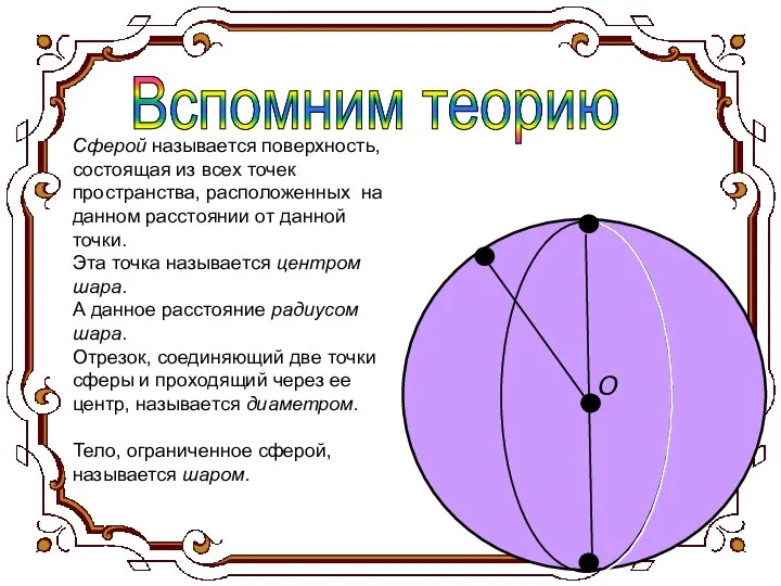 Сферой называется поверхность, состоящая из всех точек пространства, расположенных на данном расстоянии