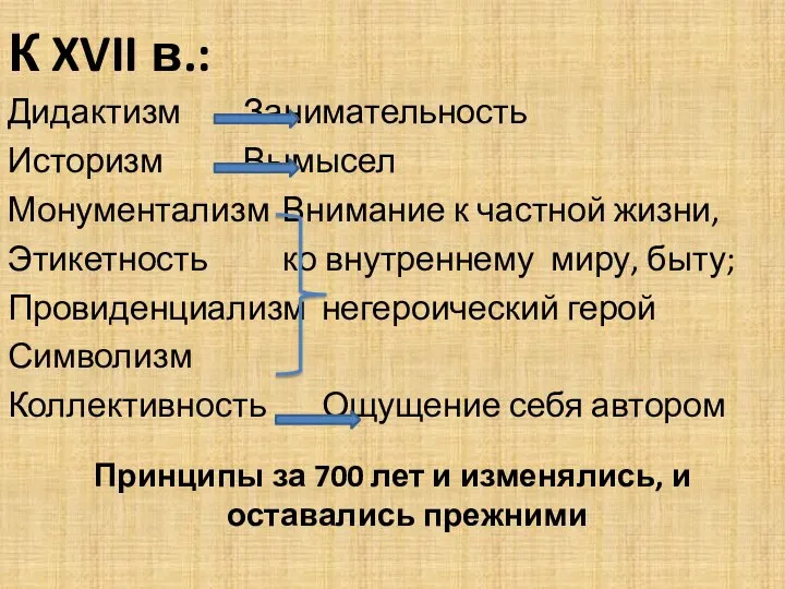 К XVII в.: Дидактизм Занимательность Историзм Вымысел Монументализм Внимание к частной жизни,