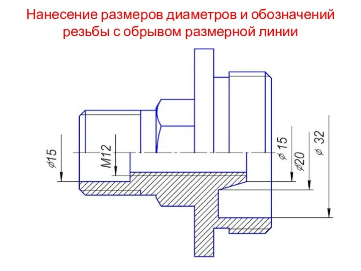 Нанесение размеров диаметров и обозначений резьбы с обрывом размерной линии