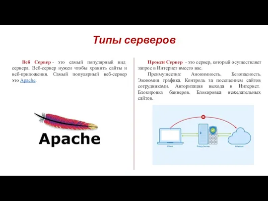 Типы серверов Веб Сервер - это самый популярный вид сервера. Веб-сервер нужен