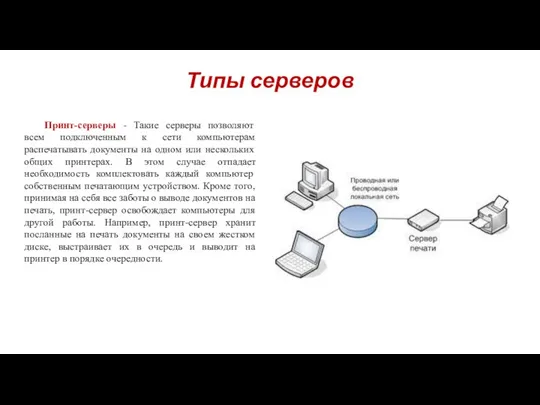 Типы серверов Принт-серверы - Такие серверы позволяют всем подключенным к сети компьютерам