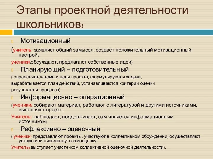 Этапы проектной деятельности школьников: Мотивационный (учитель: заявляет общий замысел, создаёт положительный мотивационный