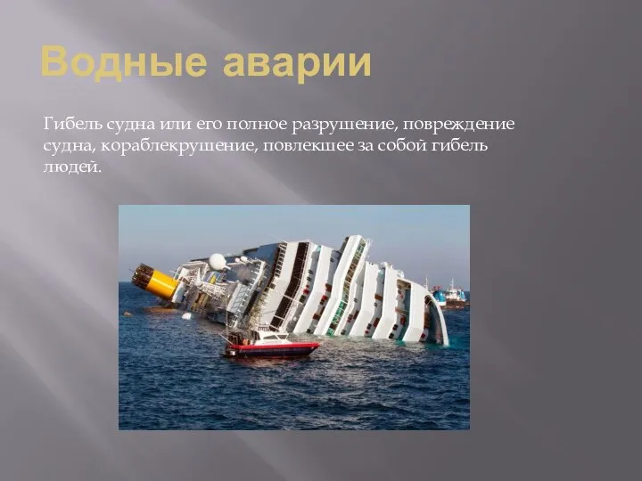Водные аварии Гибель судна или его полное разрушение, повреждение судна, кораблекрушение, повлекшее за собой гибель людей.
