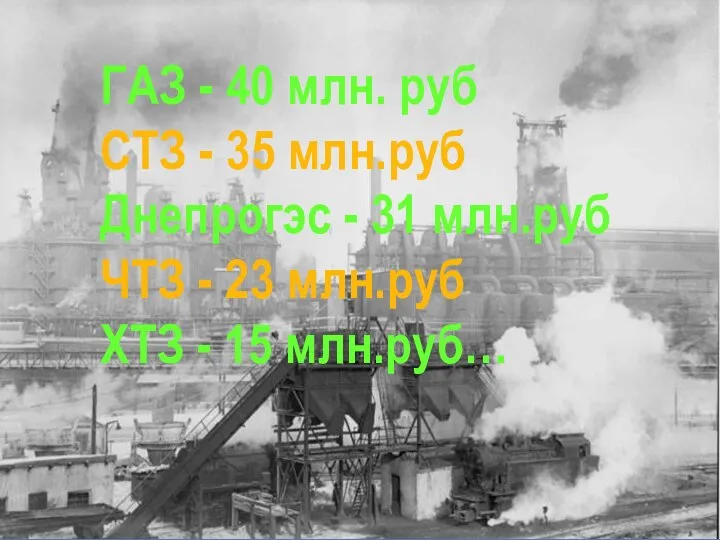 ГАЗ - 40 млн. руб СТЗ - 35 млн.руб Днепрогэс - 31